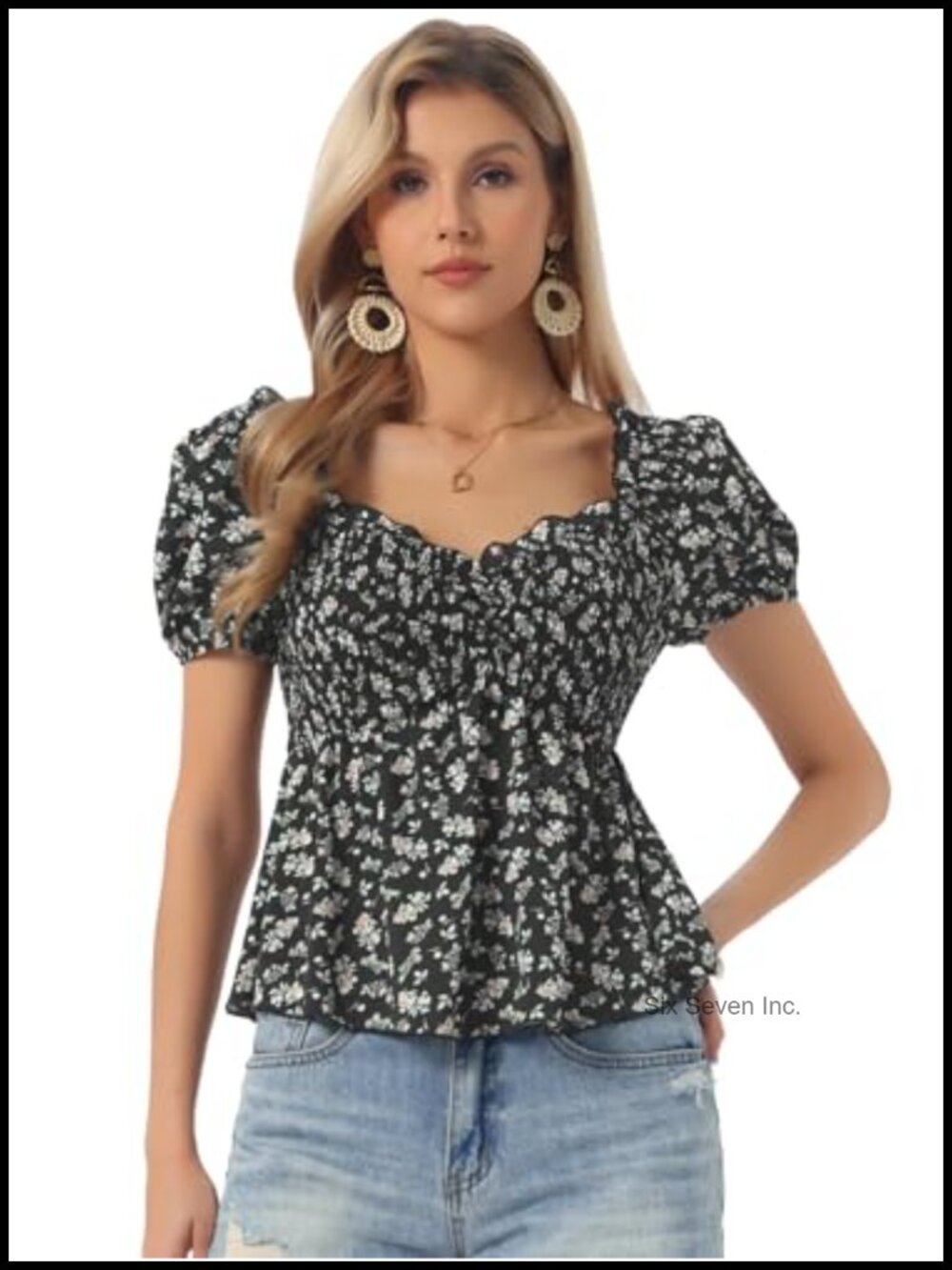 Floral Sweetheart Neck Puff Sleeve Smocked Peplum Blouse